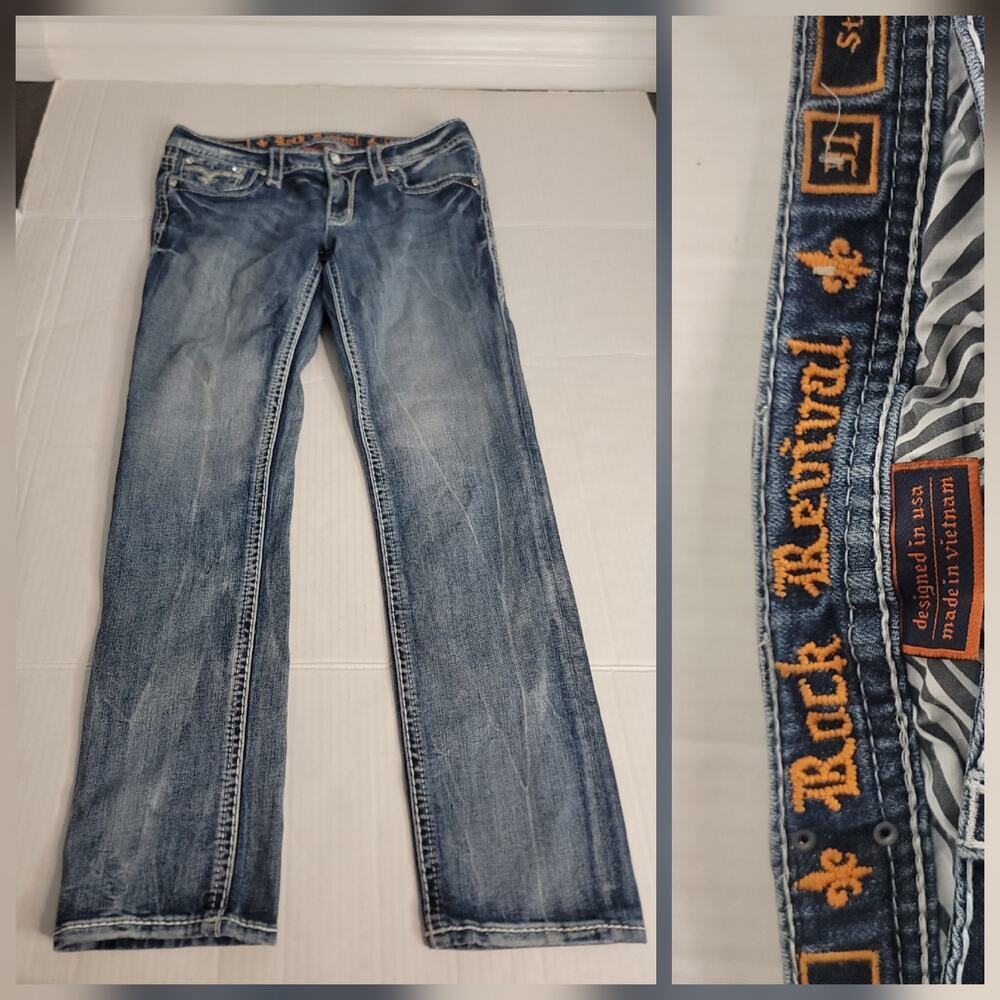 Rock Revival Jeans Womens SZ 31 Sargon Straight Leg Embroidered Crystal bling